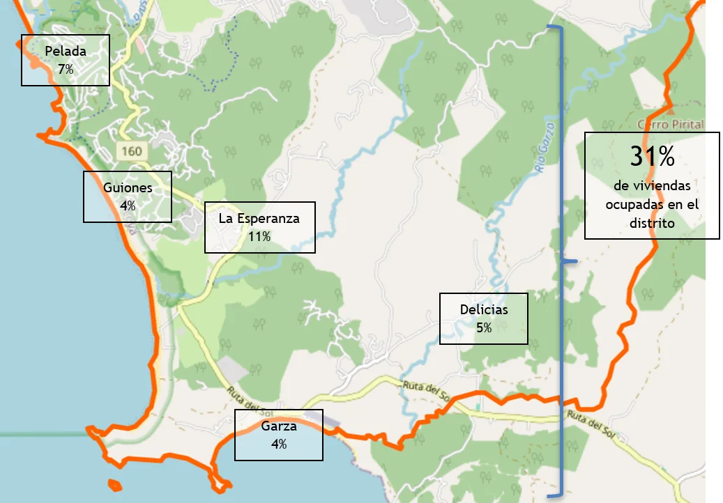 Ilustración 3 - Mapa de Nosara, Sector Sur, Distribución de Poblaciones. Adaptación de Open Street Map