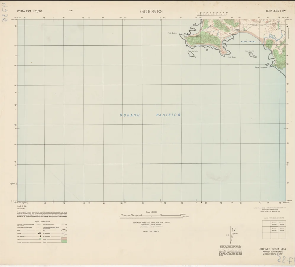 Instituto Geográfico de Costa Rica. Punta Guiones, provincia Guanacaste. Hoja Nº 3045 ISW. Copia en papel. Preparado a partir de fotografías aéreas de 1945. San
