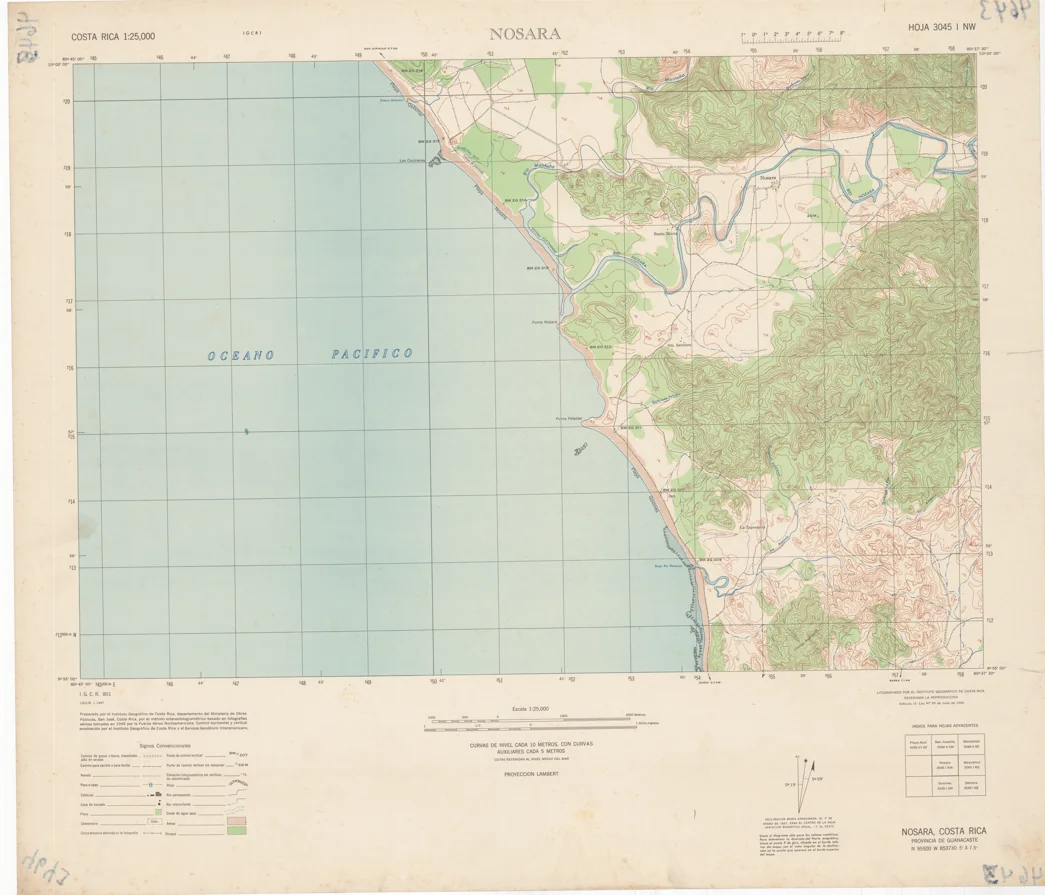 Instituto Geográfico de Costa Rica. Mapa topográfico de Nosara. Litografía, 62.5 × 53.5 cm. Escala 1:25 000. Preparado a partir de fotografías aéreas de 1945. S